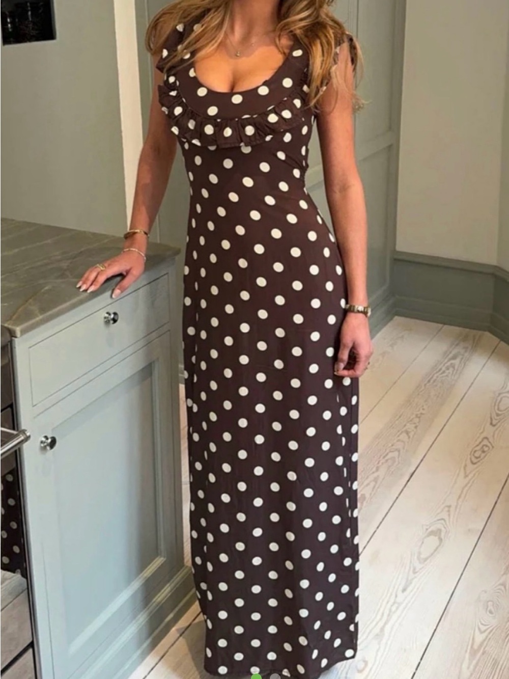 Sleeveless Brown Polka Dot Maxi Dress with Ruffle Scoop